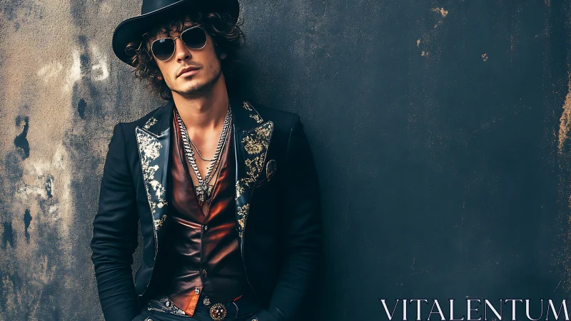 Urban portrait isolates styled man in ornate jacket and hat