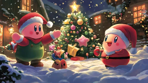 Kirby characters stand in snowy yard near lit Christmas tree