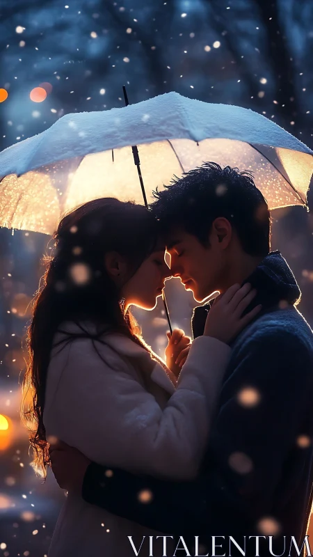 Couple Kissing Under Luminous Umbrella in Winter Snow