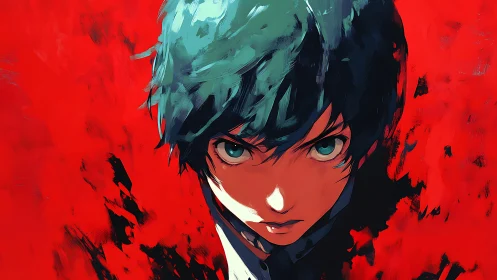 Intense teal haired anime portrait against painterly red field