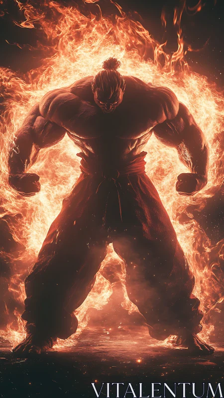 Digital painting of fiery warrior silhouette in infernal ring.