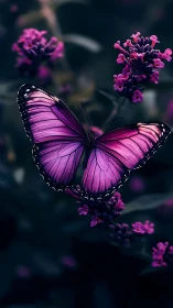 Purple butterfly on flowers in dark blurred garden scene.