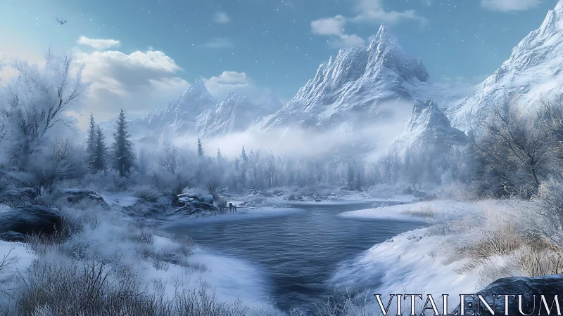 Frozen river beneath towering alpine peaks at dawn.