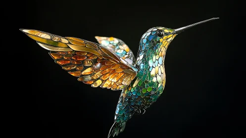 Gemstone hummingbird sculpture glows against dark void