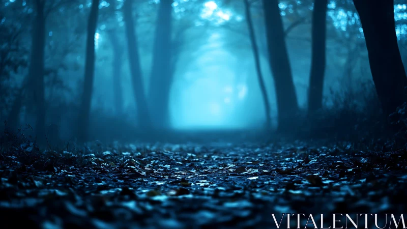 Fog-drenched forest path dissolves into cold blue distance