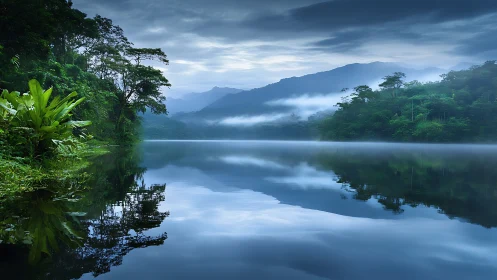Silent misty lake cradles lush green jungle and blue hills