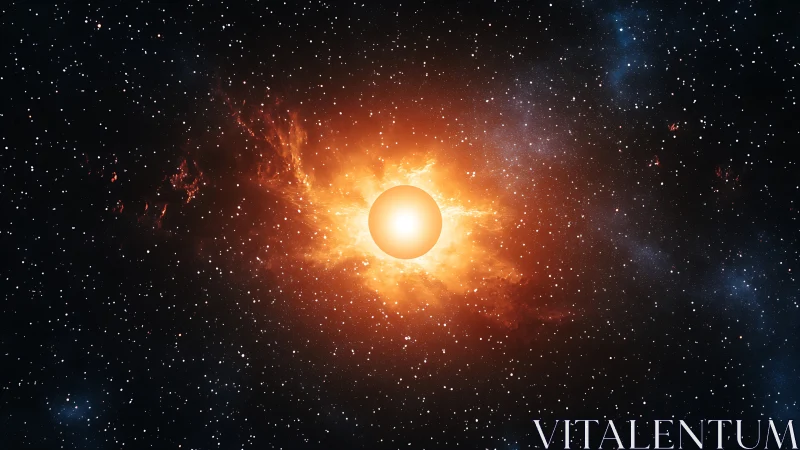 Glowing orange star sphere centered in dense starfield.