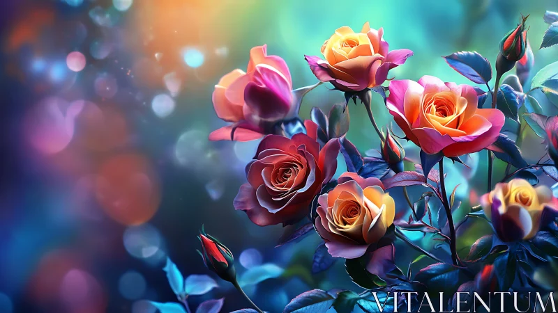 Vibrant digitally-rendered roses with luminescent gradient backdrop and bokeh lighting effects