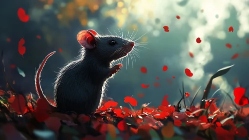 Backlit forest mouse studies drifting scarlet petals in dusk light
