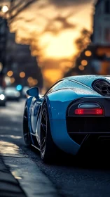 Rear three-quarter view captures wet blue supercar at dusk