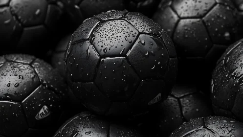Close-up view of wet black footballs with water droplets.