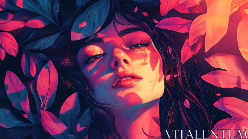 Female portrait framed by stylized leaves in neon lighting.