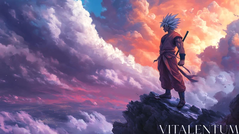 Warrior overlooks stormlit horizon under radiant clouds