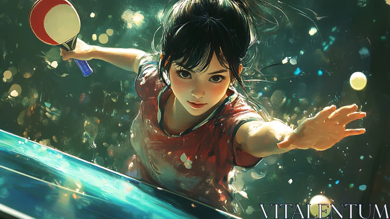 Digital painting depicts table tennis player in forward lunge