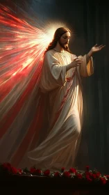 Sacred figure in radiant robes with flowing red light beams.