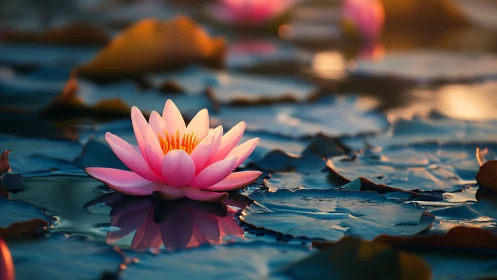 Pink water lily on reflective pond at warm sunset.