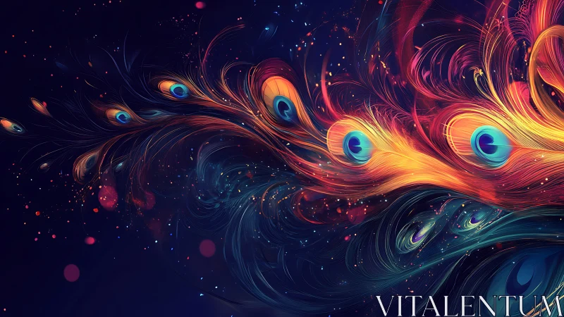 Peacock-inspired light trails in swirling cosmic abstraction.