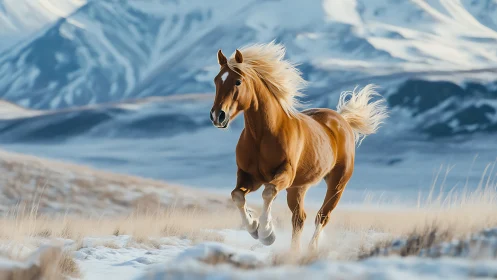 Golden horse runs through a vast sunlit winter mountain plain