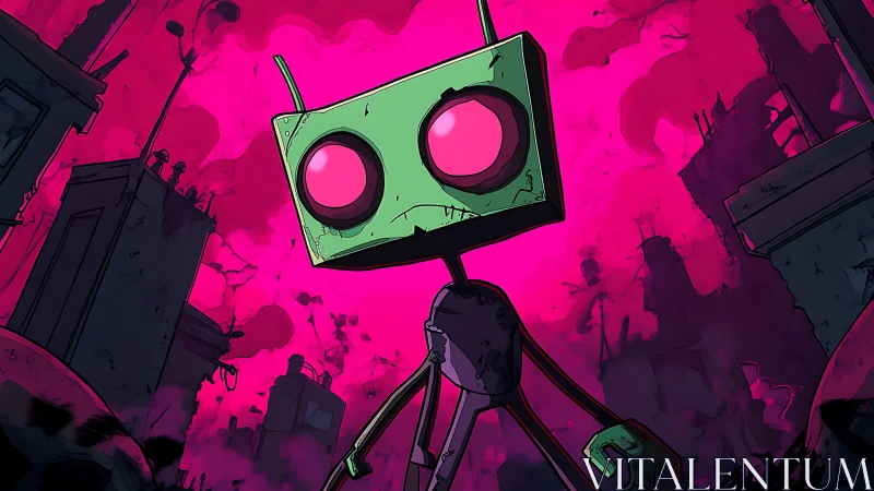 Green robot stands in ruined city under neon pink sky.