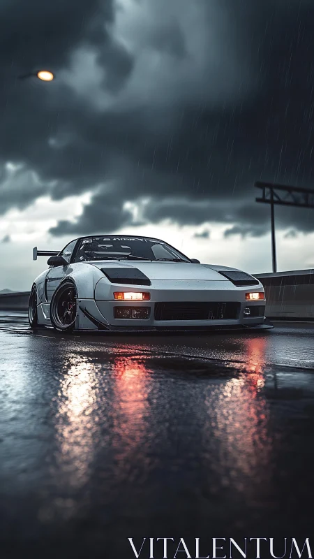 Lowered sports car glows against stormy wet highway night.