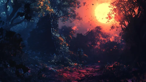 Mystical Forest at Golden Sunset.