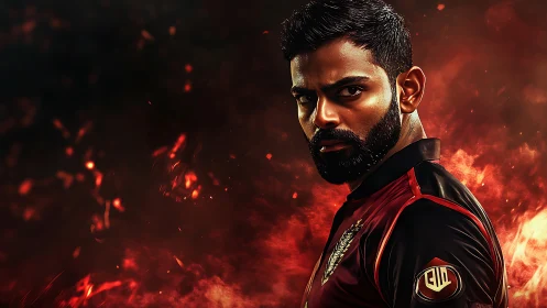 Focused athlete stands in fiery backdrop of determination