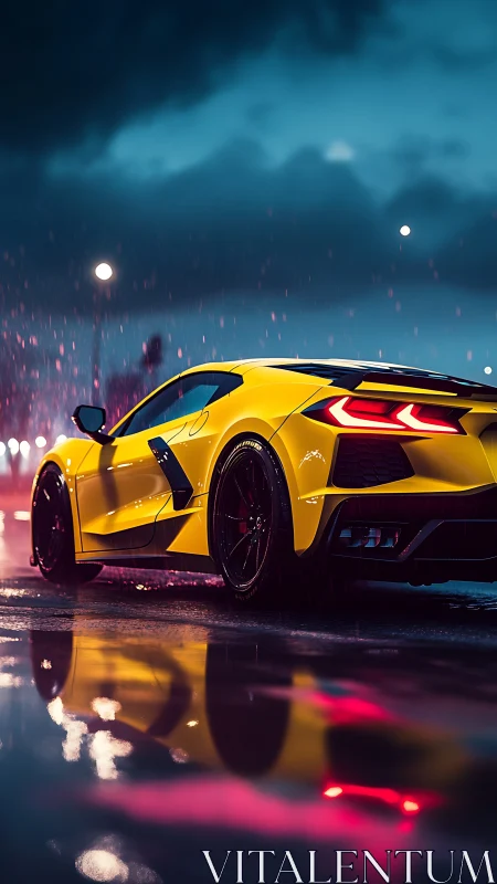 Yellow mid‑engine supercar under neon rain with reflective wet asphalt