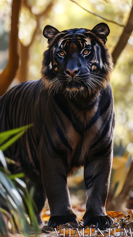 Black tiger stands on forest floor with focused forward gaze