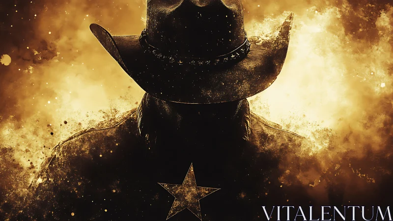 Silhouetted cowboy figure with star badge in golden haze.