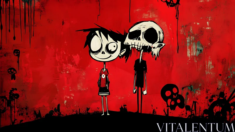 Cartoon child and skull figure on distressed red field.