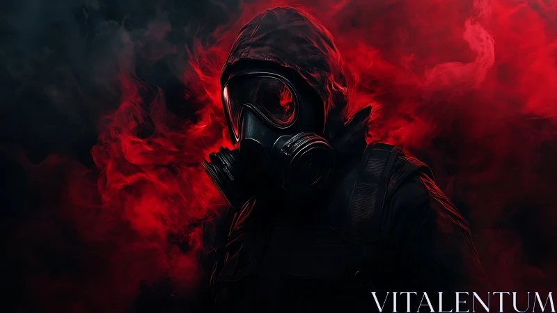 Shadowed wanderer in red toxic smoke and quiet tension.