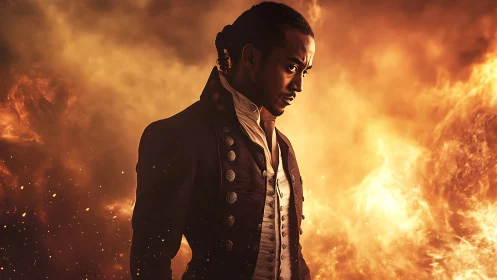 Regal officer silhouette against blazing inferno backdrop.