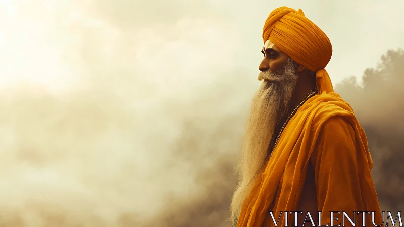Side-profile ascetic in saffron garments amid diffuse mist field.