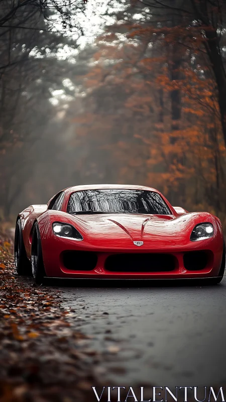 Red sports car on forest road in overcast autumn weather.