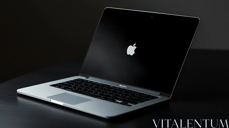 Sleek silver laptop glows softly on dark reflective desk.