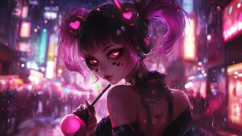 Neon cyberpunk girl with glowing headset in rainy cityscape