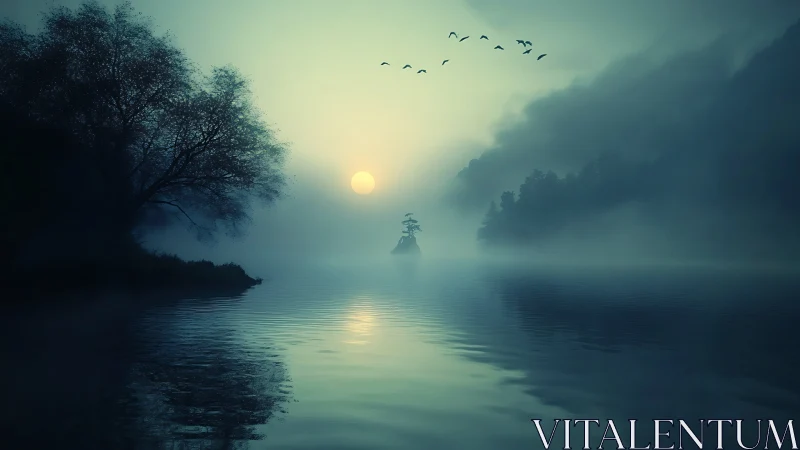 Moonlit mist drifts over a lonely island in dreamtide calm.