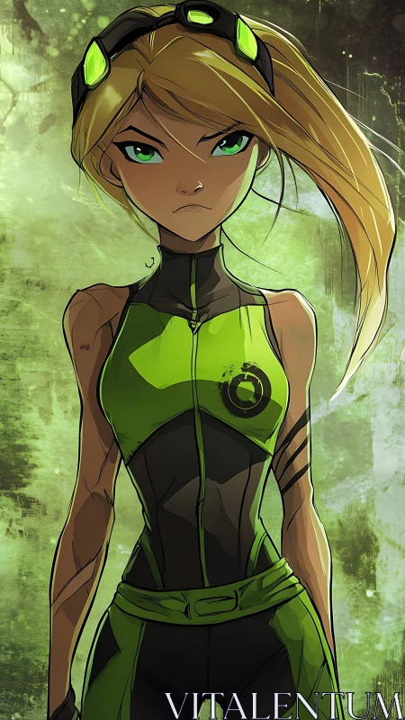 Fierce green‑suited heroine stands ready in glowing energy