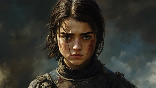 Battleworn girl under storm-heavy skies, gaze like flint.