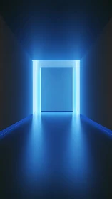 Glowing blue portal hallway inviting you toward quiet wonder.