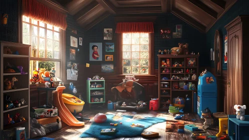 Sunlit attic playroom packed with colorful toys and clutter.