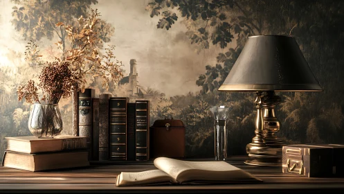 Still life of books, lamp, and dried flowers on wooden desk.