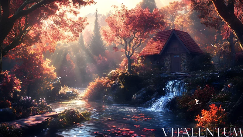 Forest stream and small stone cabin under autumn light.