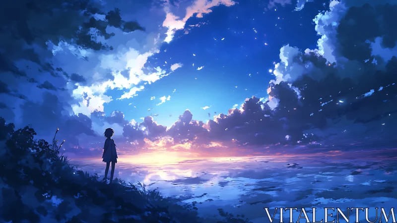 Soft twilight horizon with a lone dreamer by the sea.