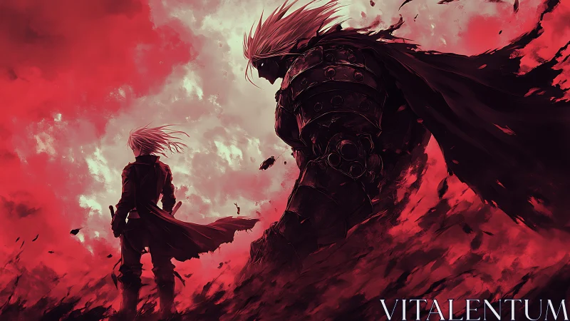 Crimson storm duelists stride through ash and rising shadows.