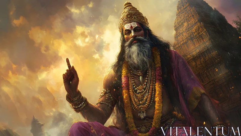 Ornate Hindu sage figure before towering temple under embers