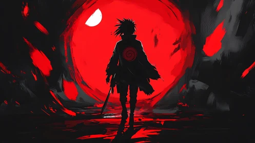Silhouetted swordsman before red vortex moon in dark cavern