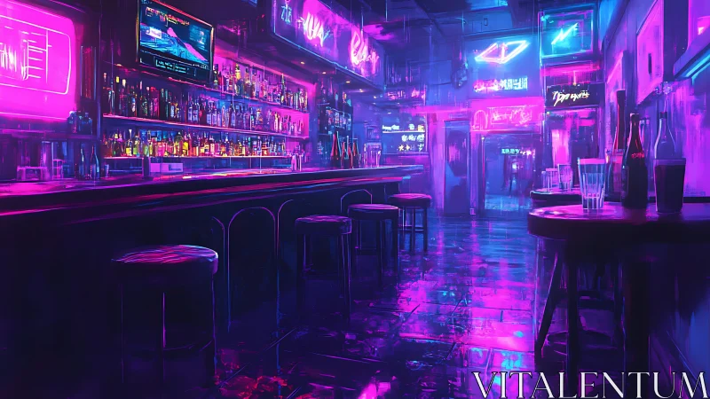 Neon-drenched cyber bar hums under electric midnight rain.