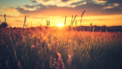 Golden sunset light bathes a tranquil summer meadow.