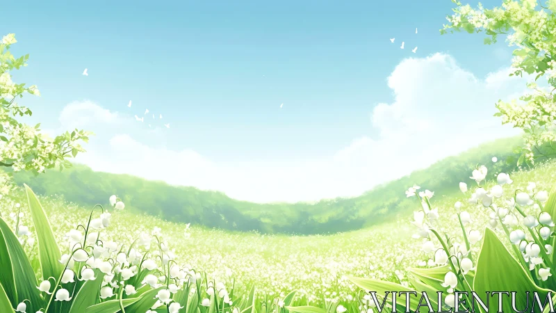 Lily-of-the-valley meadow illustration with aerial perspective.